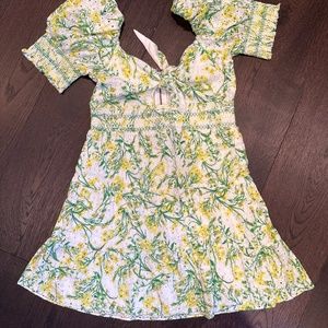 Alice and Olivia Green and White Floral Kristie Puff Sleeve Mini Dress